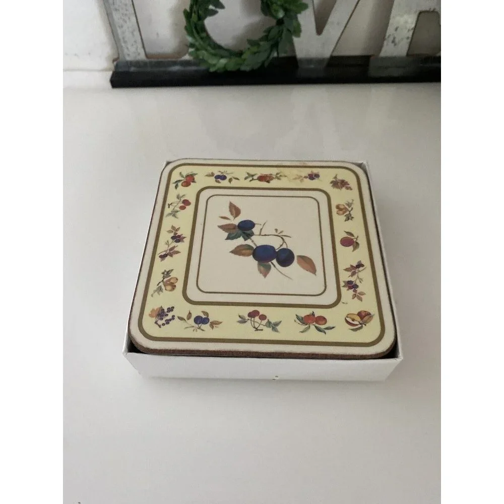 Vintage Royal Worcester Evesham Cork Backed Coasters Set Of 6 In Box 4.25